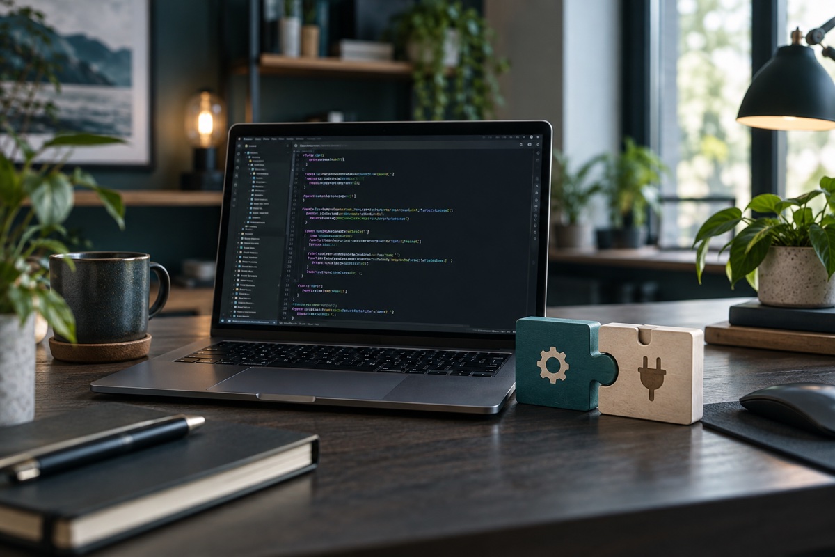 Services Laptop with a code editor and interlocking plugin components.